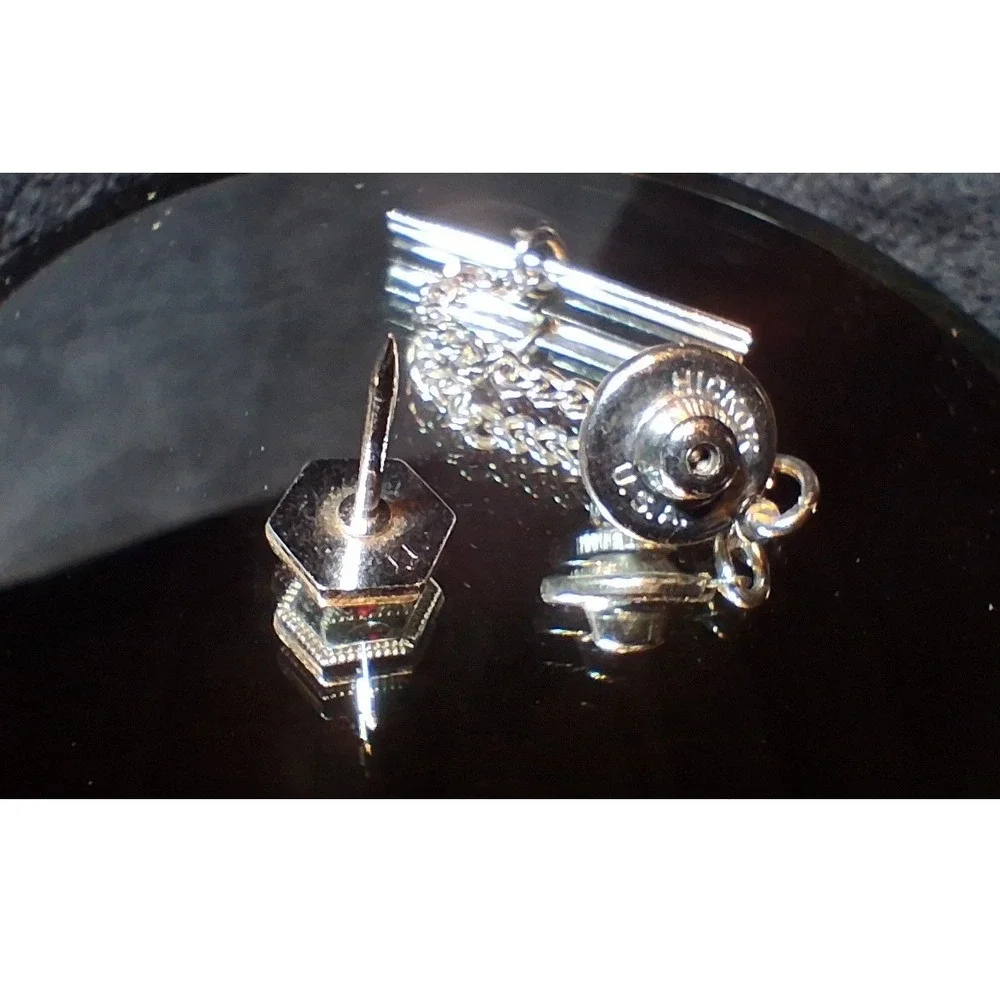 Hickok USA Vintage Tie Tac Silver Tone Hexagon Red Rhinestone T-Bar